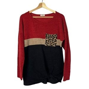 Boutique First Love Red & Black Leopard Pocket Long Sleeve Knit Top M